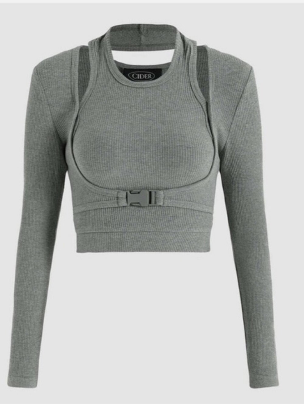 Cider Ribbed Long-Sleeve Buckle Crop Top In Grey
